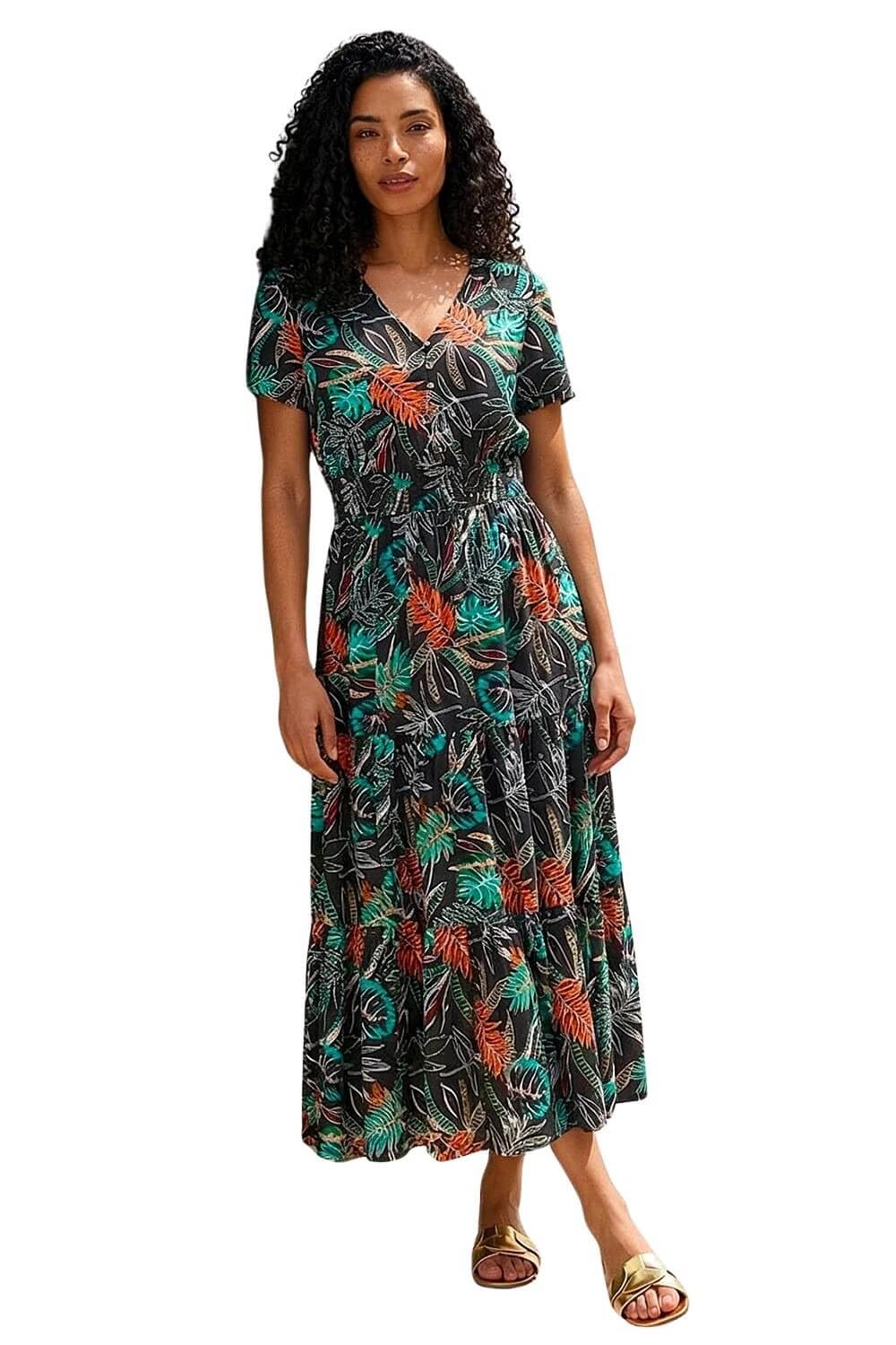 Roman Shirred Empire Waist Dress for Women UK Ladies Midi Maxi Summer Spring Tiered Frill Hem Short Sleeve V Neck Button Through Boho Bohemian Holiday Cruise