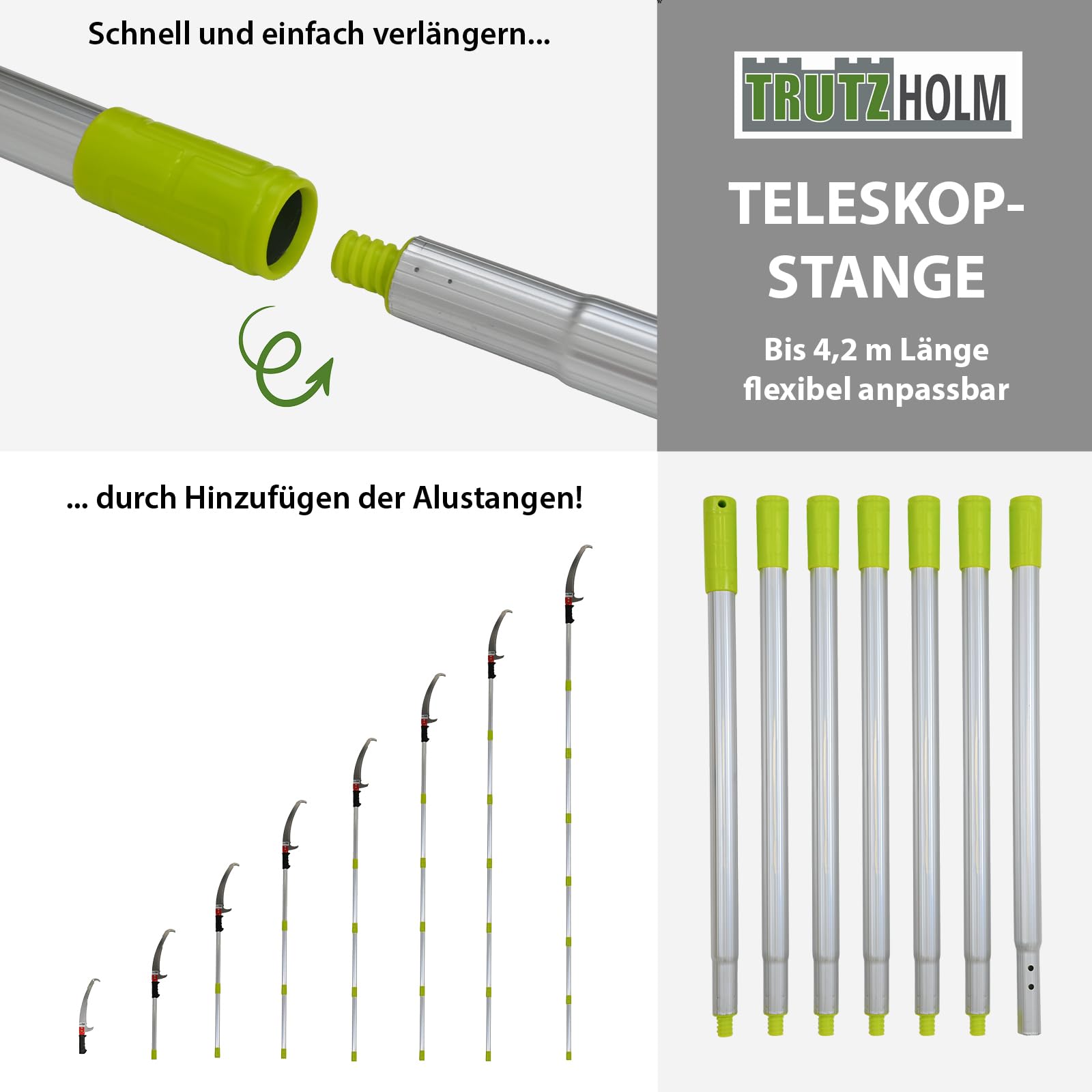 TRUTZHOLM Astsäge Teleskop [6,3] m Arbeitshöhe - Stangensäge mit 7 Alu-Steckstangen, 43 cm Doppelhaken-Klinge beidseitig gezahnt, auch als Handsäge, inkl. Tragetasche