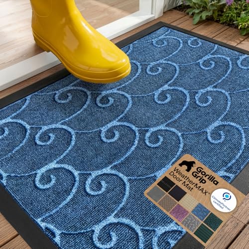 GORILLA GRIP 100% Waterproof All-Season WeatherMAX Doormat US Designed Natural Rubber Stain and Fade Resistant Low Profile Indoor Outdoor Door Mats Easy Clean Patio Mat 29x17 Ocean Blue Waves