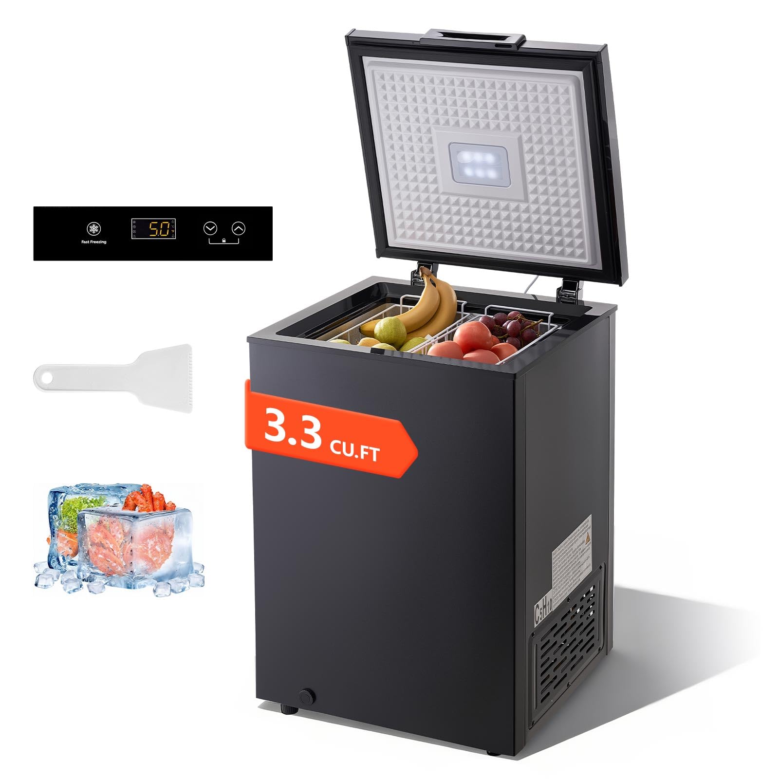 VEVOR Chest Freezer, 2.22 Cu.ft / 63 L Compact Deep Freezer, Free Standing Top Open Door Chest Freezers with 2 Removable Baskets & Adjustable Thermostat, Energy Saving & Low Noise, Black