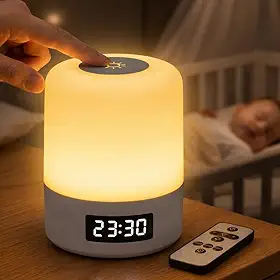 Luminária de Mesa LED Recarregável com Relógio Digital e Controle Remoto, Abajur Touch Ajustavel Sem Fio Portátil, Premium