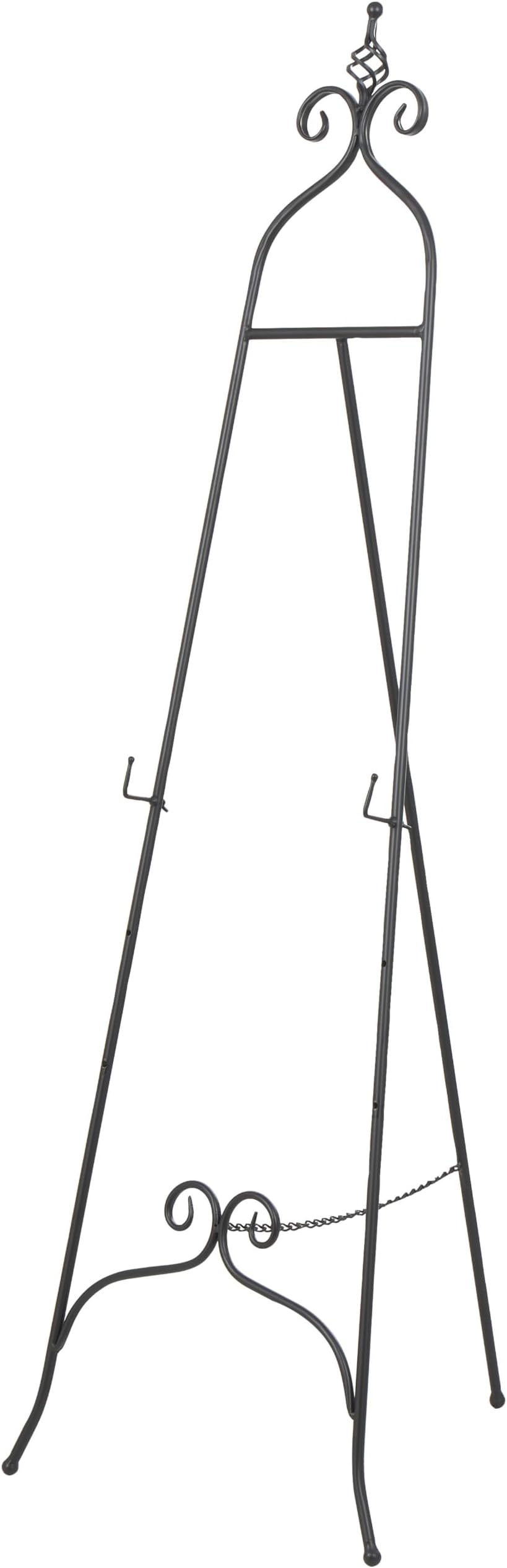 Metal Scroll Tall Adjustable Display Stand Floor 3 Tier Easel with Chain Support and Swirl Finial, 21" x 23" x 63", Black