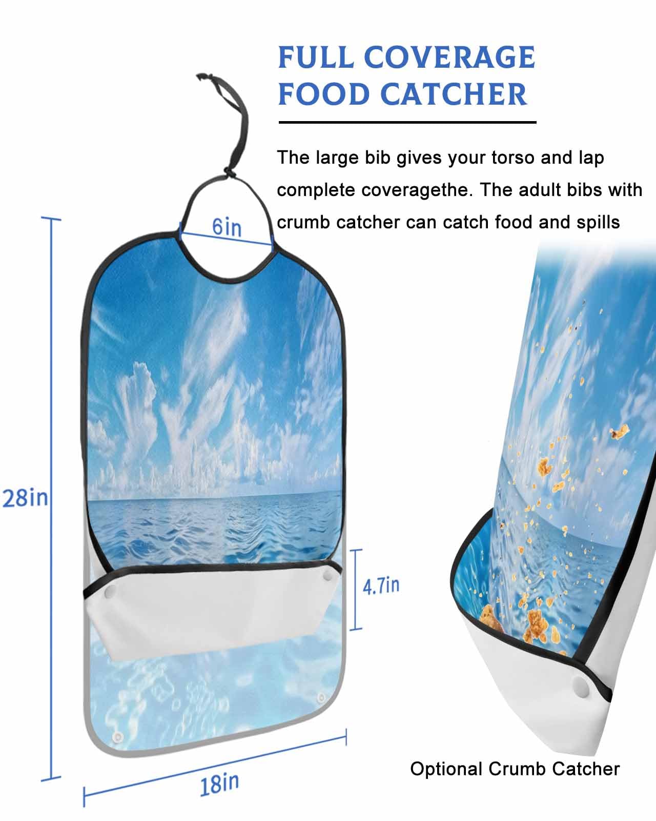 LEOKOTI Blue Summer Beach Adult Bibs for Eating, Waterproof Bibs with Food Catcher & Adjustable Snap Closure, Seaside Ocean Coastal Nautical Washable Clothing Protectors Adult Bibs for Elderly