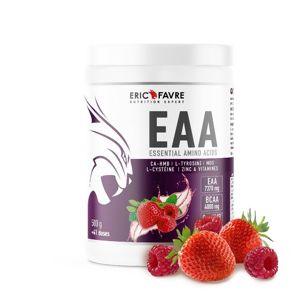 EAA ESSENTIAL AMINO ACIDS - Acides Aminés Essentiels avec CA-HMB, L-Tyrosine, L-Cystéine, Zinc & Vitamines - Formule Énergisante et Réduction de la Fatigue - 500g - Saveur Fruits Rouges - Eric Favre
