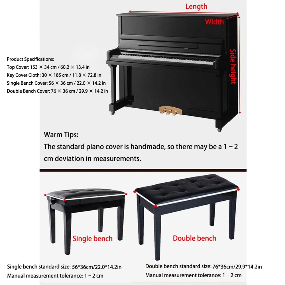 Zestaw osłon przeciwpyłowych do pianina — odporny na zużycie aksamit z wiszącymi frędzlami 3D, pasuje do standardowych pianin(Top+Keyboard+Single Bench Set)