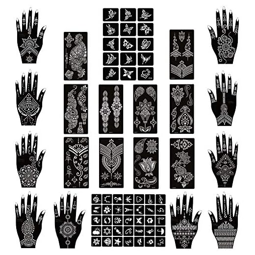 Xmasir Henna Tattoo Stencils Kit Pack of 22 Sheets, Temporary Tattoo Templates Indian Arabian Tattoo Sticker for Hands Body Art