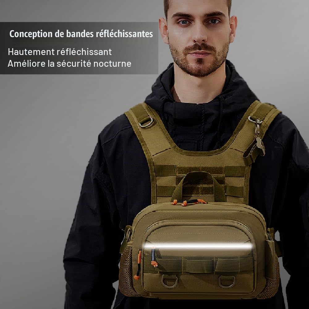 Sac de Poitrine Tactique, Sacoche de Pêche à la Mouche Étanche, Poche de Poisson Robuste avec Design Réfléchissant pour Pêche, Poisson, Chasse en Plein Air, Randonnée