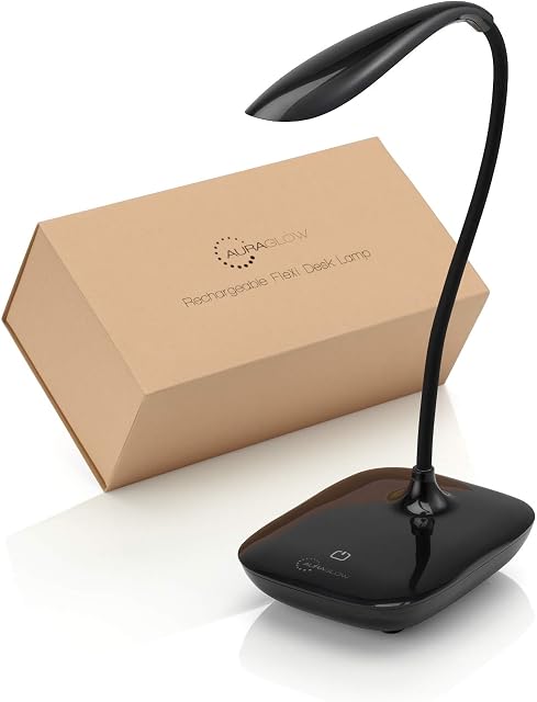 Auraglow Wireless Rechargeable Flexible Adjustable Gooseneck LED Desk Lamp, Touch Control Dimmable Reading Light for Home, Office, Work and Study - Black - 1 Pack