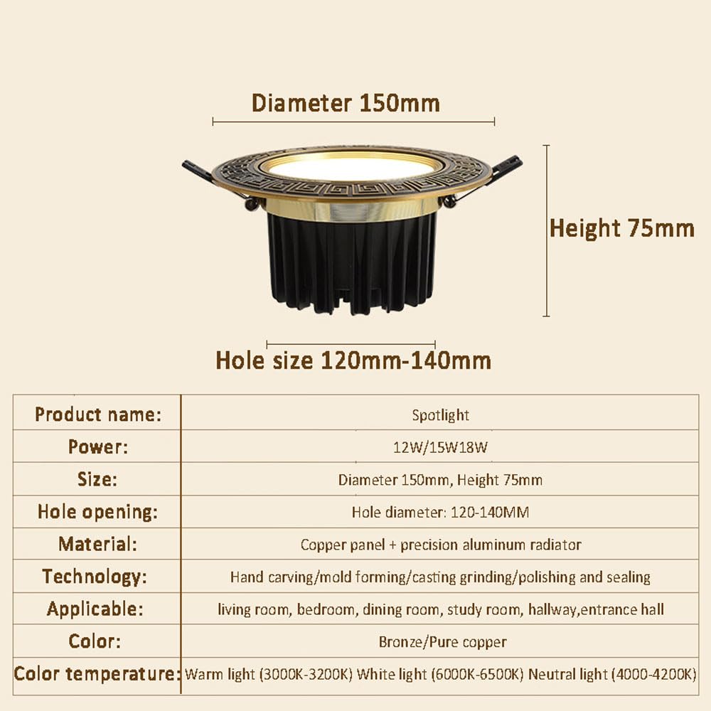 Lámpara de Techo LED empotrable de latón de 5,9 Pulgadas, Downlight LED Regulable de 12 W, 15 W y 18 W, Foco empotrable COB, 3 temperaturas de Color en 1, con controlad,A-18W