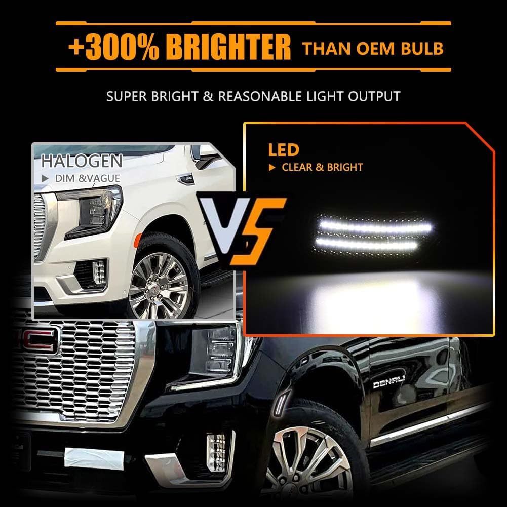 Front Fender LED Side Marker Lights for 2021-2024 Yukon XL Denali Tahoe Suburban Escalade ESV, Smoked Lens Side Bumper Marker Lamps, White LED Side Markers Turn Signal Lights, 2 PCS