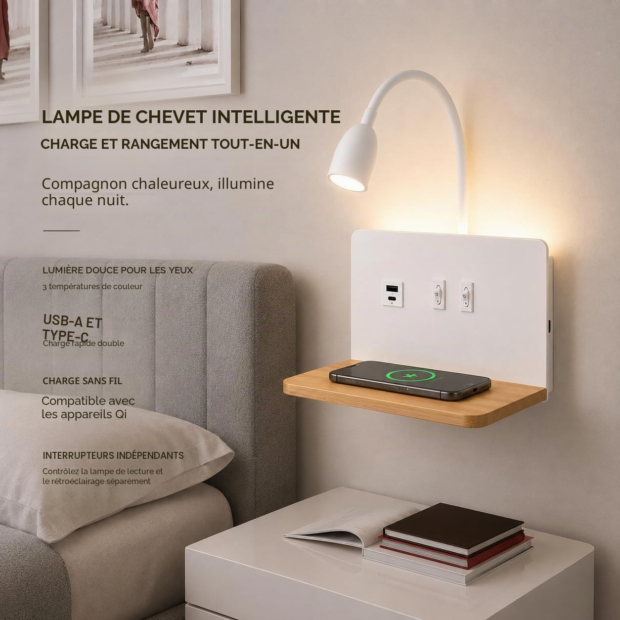 Applique Murale LED 10W avec Port USB, Chargeur Sans Fil, Dimmable Flexible 360°, Lampe de Chevet avec Interrupteur