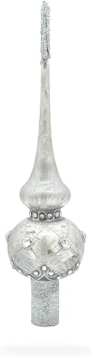 Miniatura 5 de Dimensional White Jewels on Speckled Silver Artesanal Hecho a Mano Boca Cristal Soplado Decoración para Árbol de Navidad de 11 pulgadas