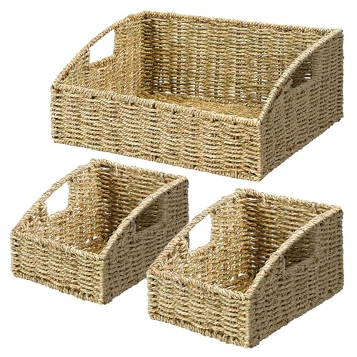 Ollieroo Natural Seagrass Storage Baskets Handwoven Wicker Storage Bins with Built in Handles Storage Container Baskets for Shelves Bedroom Bathroom Laundry Room or KitchenGreen