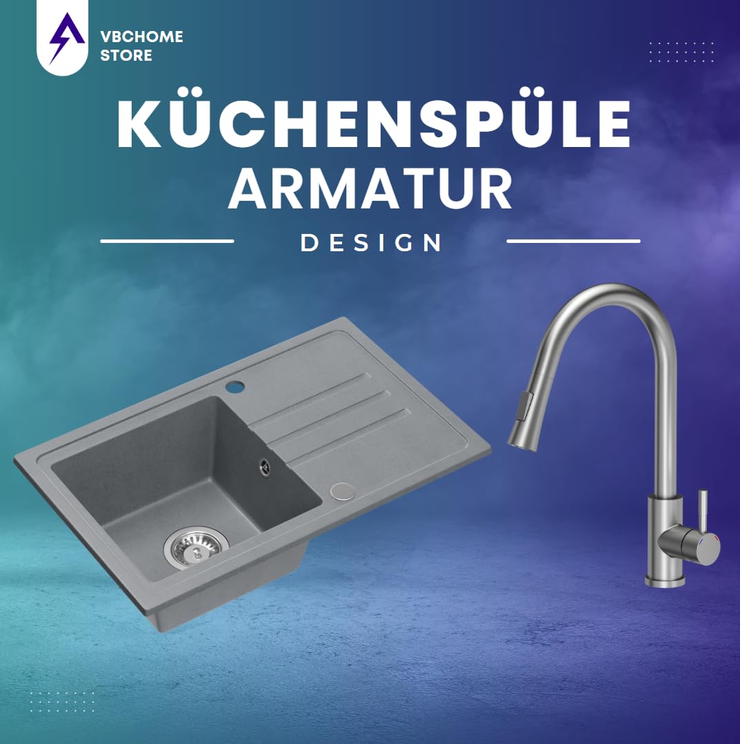 VBChome Fregadero de granito gris con grifería, 70 x 44 cm, fregadero individual, empotrable, moteado, reversible, de granito, sifón, grifo, acero inoxidable, caño extensible