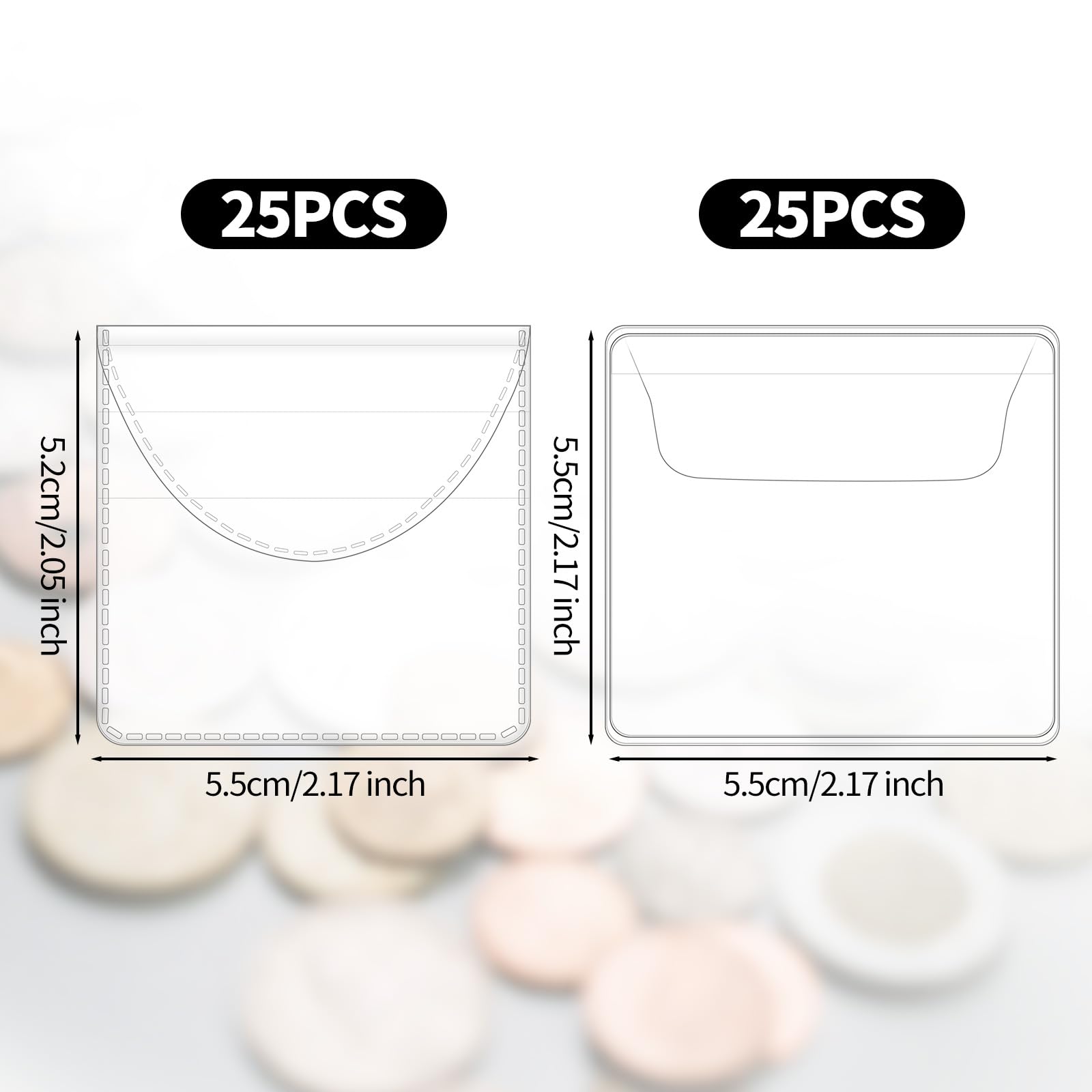 Gosknor 50pcs Single Pocket Coin Sleeves, 2.2 Inch Individual Coin Holders Clear PVC Coin Case Protectors Small Pouches for Jewelry Storage Coin Wrapper Currency Bills Collectors (Rectangle, Round) - Image 2