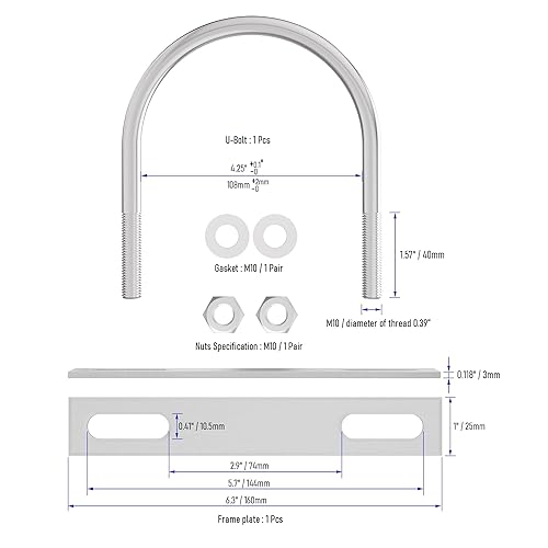 Miniatura 9 de FOCMKEAS Pernos en U redondos de acero inoxidable 304 de 1.77 pulgadas (1.772 in), ancho interior 2.99 pulgadas (2.992 in) de longitud M10 con