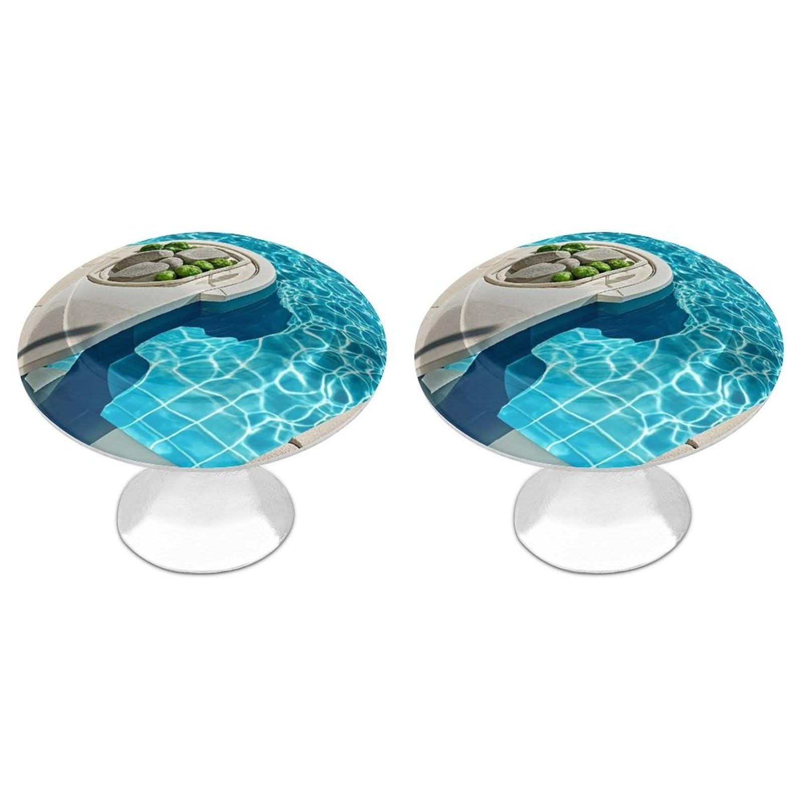 FekiLoot Round Cabinet Knob 2 Pack Kitchen Drawer Knobs Stainless Steel Round Drawer Pulls Modern Cabinet Hardware Blue Aqua Pool Water Drawer Hardware for Dresser Closet Door Knobs