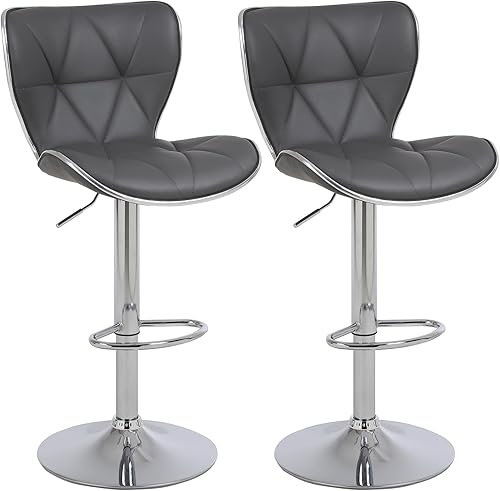 Chummaven Juego de 2 taburetes de bar giratorios ajustables con respaldo de concha, modernos taburetes de bar de piel sintética con base cromada sin