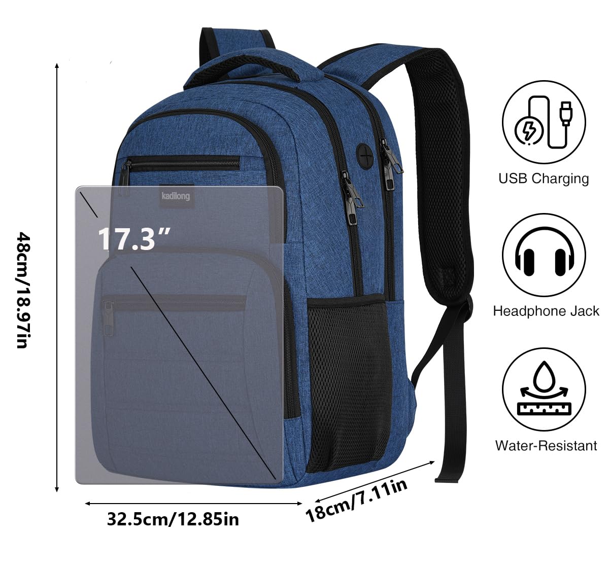 kadilong Sac à dos pour ordinateur portable - Sac à dos pour homme - Sac à dos d'école pour adolescents et garçons - Antivol avec chargeur USB et compartiment pour ordinateur portable