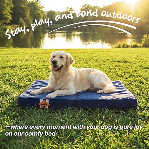 Image of Laifug Foldable Waterproof Dog Bed for Large Dogs - Outdoor Orthopedic Dog Bed with Washable Removable Cover, Pet Mattress with Handles, Navy Blue, (44 x 32 x 3.5 inches)