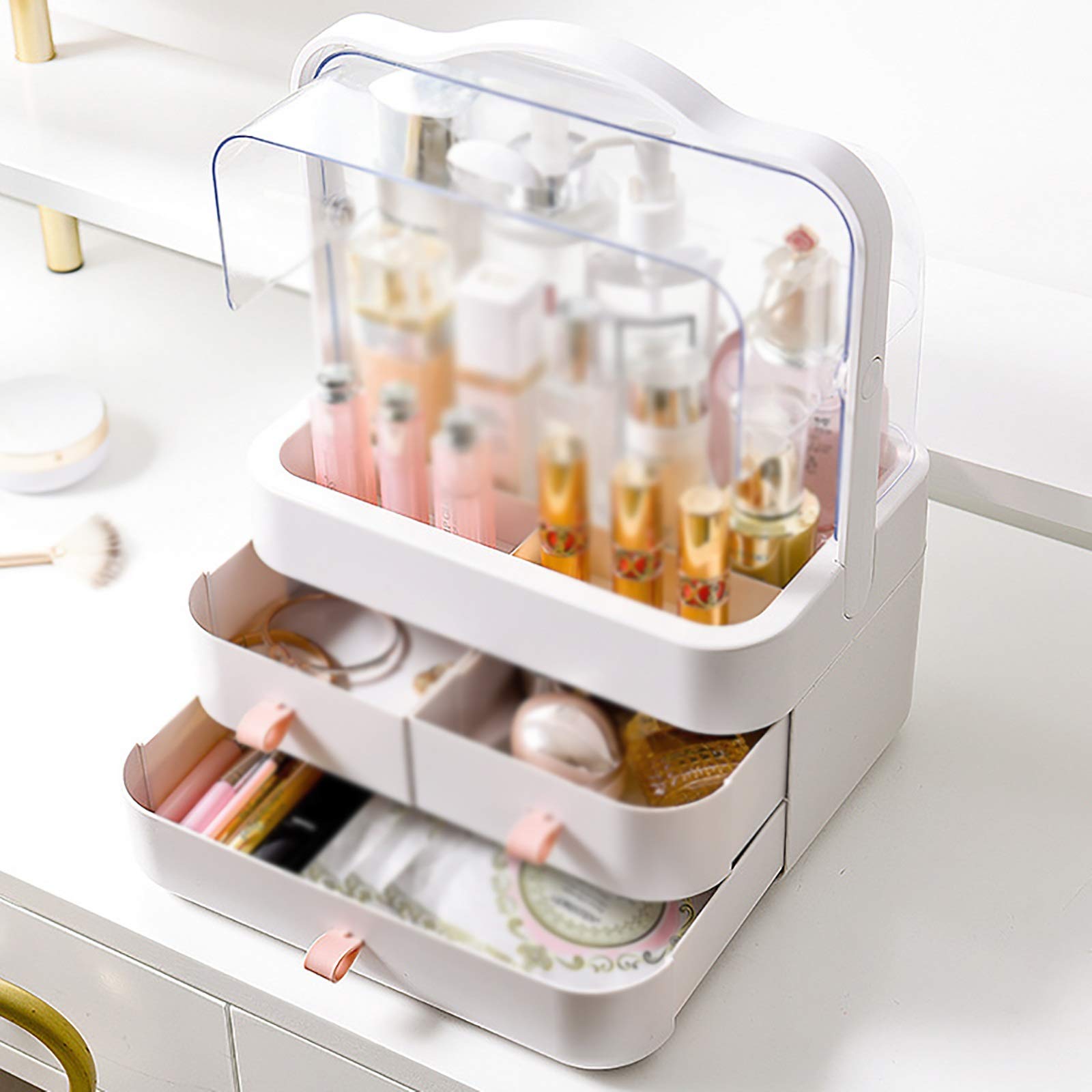 Boîte de Rangement pour Cosmétiques Boîte de Maquillage Portable Rangement cosmétique pour Commode et Salle de Bain(Blanc)