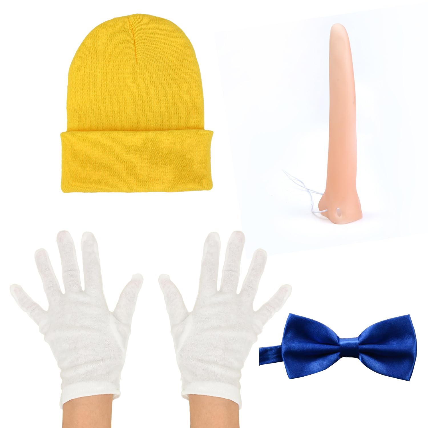 NAUZE 4Pieces Pinocchio Fancy Dress Kit Yellow Hat Blue Bowtie White Gloves and Long Nose Animal Costume Cosplay Accessories for Children's Halloween Celebrations