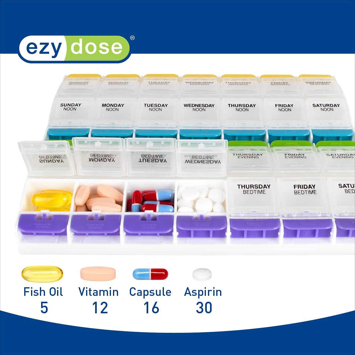Ezy Dose Push-Button Medtime Planner (2XL) │Organize Pills for 4-Times per Day Dosing │ Arthritis Friendly (Pack of 3) : Health & Household