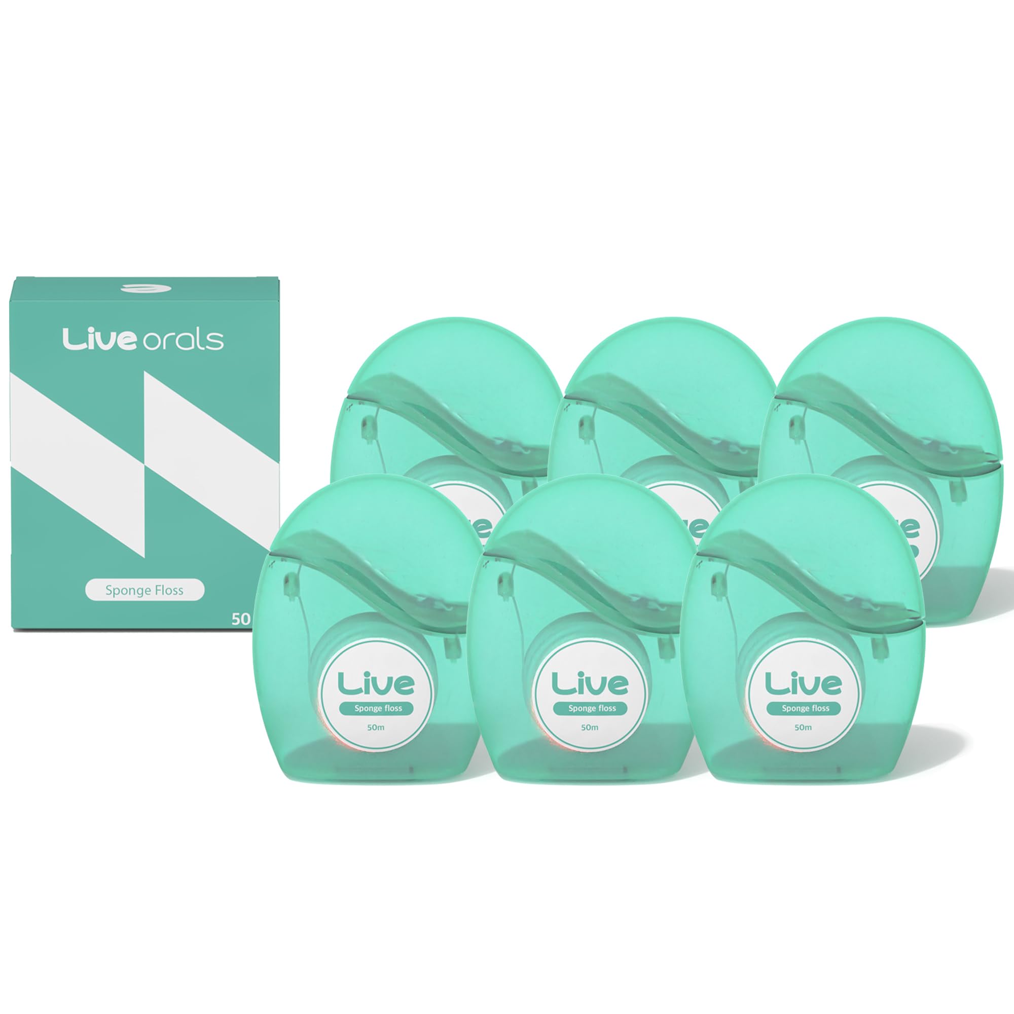 LiveOrals Live Sponge Dental Floss 164ft (50m) Pack of 6 – PFAS-Free Expanding Floss with 3D Mesh Design, Non-Toxic Wax Coated for Gentle & Effective Cleaning Between Teeth