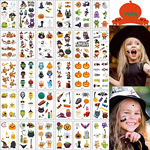 Tatuajes temporales de Halloween para niños, 30 hojas, tatuajes infantiles, hipoalergénicos, impermeables, para niñas, niños, Halloween, fiestas, idea de regalo Cover