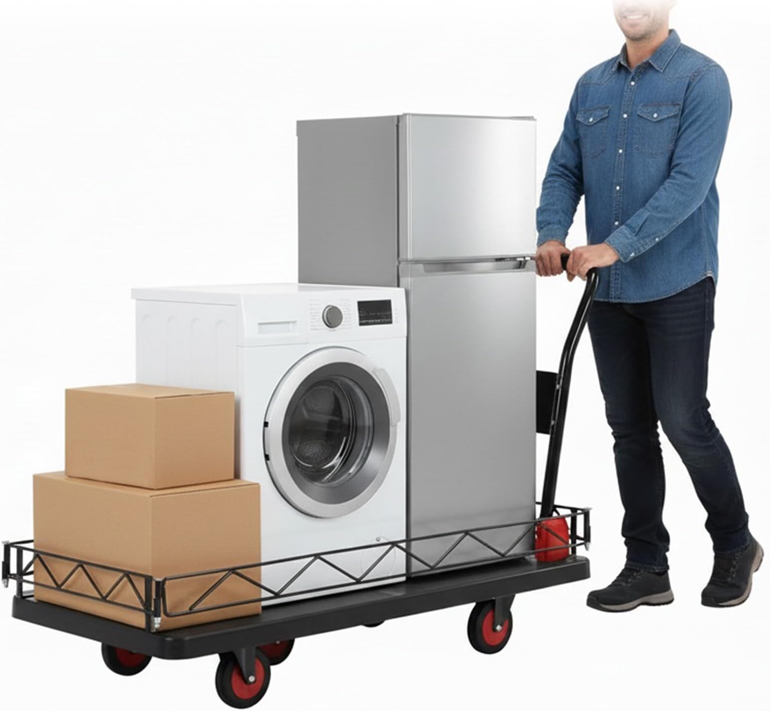 2000Lbs Capacity Heavy Duty Foldable Push Cart Dolly with Detachable Steel Wire Fence and 5 inch Silent TPR Wheels, 2 in 1 Hand Trucks, Flat Plate Dolly for Groceries Garage Warehouse