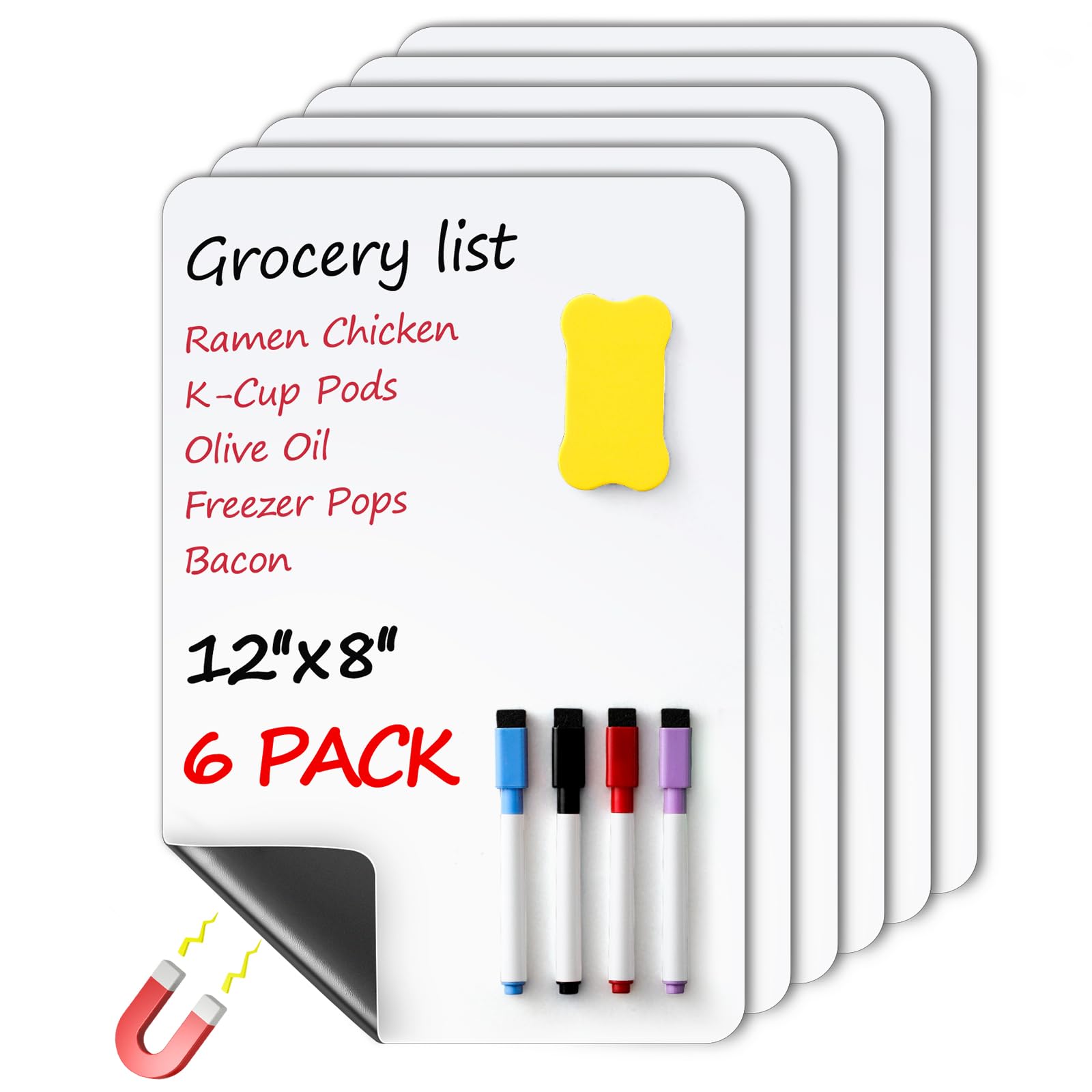 6 Pack Magnetic Dry Erase Board Sheet for Fridge, 12"x8" Erasable Refrigerator WhiteBoard w/ 4 Markers & 1 Eraser- Smooth and Flexible Small Magnet
