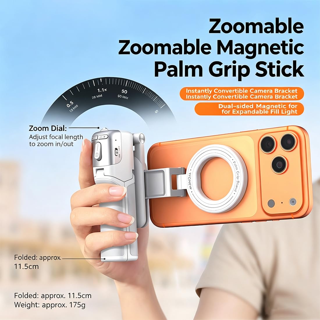 Zoomable Magnetic Palm Grip | Selfie Stick & Tripod (Black,without Light)
