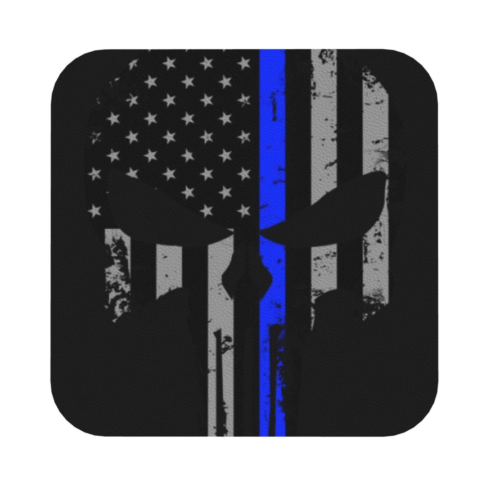 Blue Stripe Stars Skull PU Leather Coasters Set of 6 Square Drink Coasters