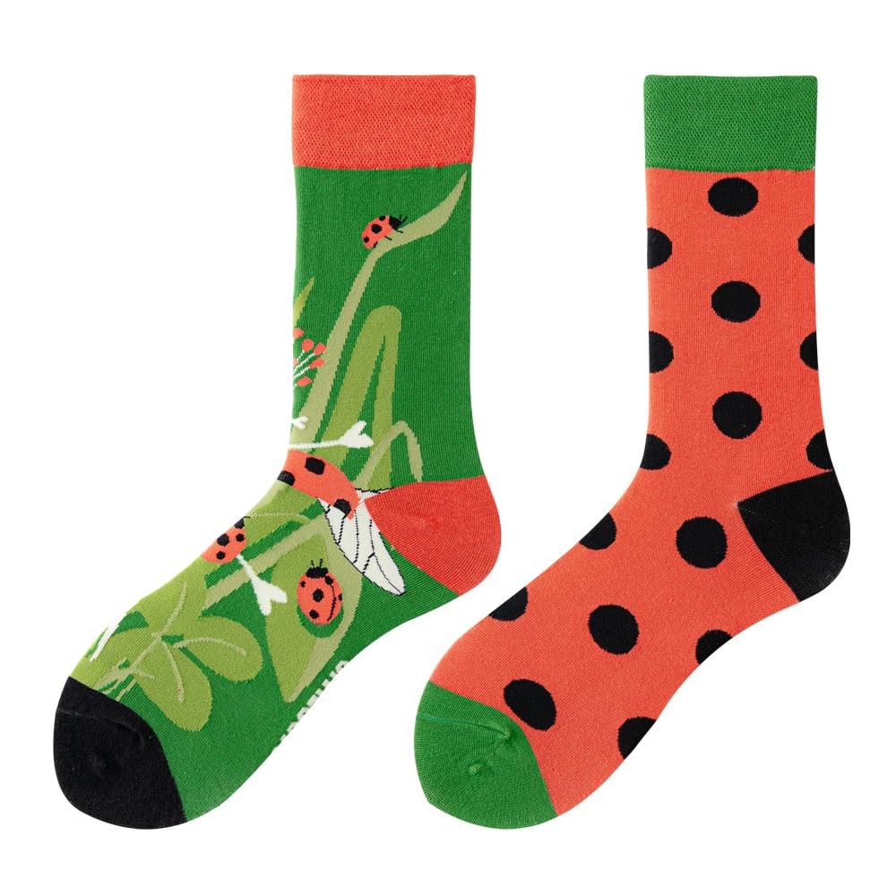 NxnChc Lustige Socken Für Damen Und Herren Unisex Viele Marienkäfer Motive Tier Essen Obst Sport Kunst Aus Baumwolle Geschenk Asymmetrische Muster Links Und Rechts