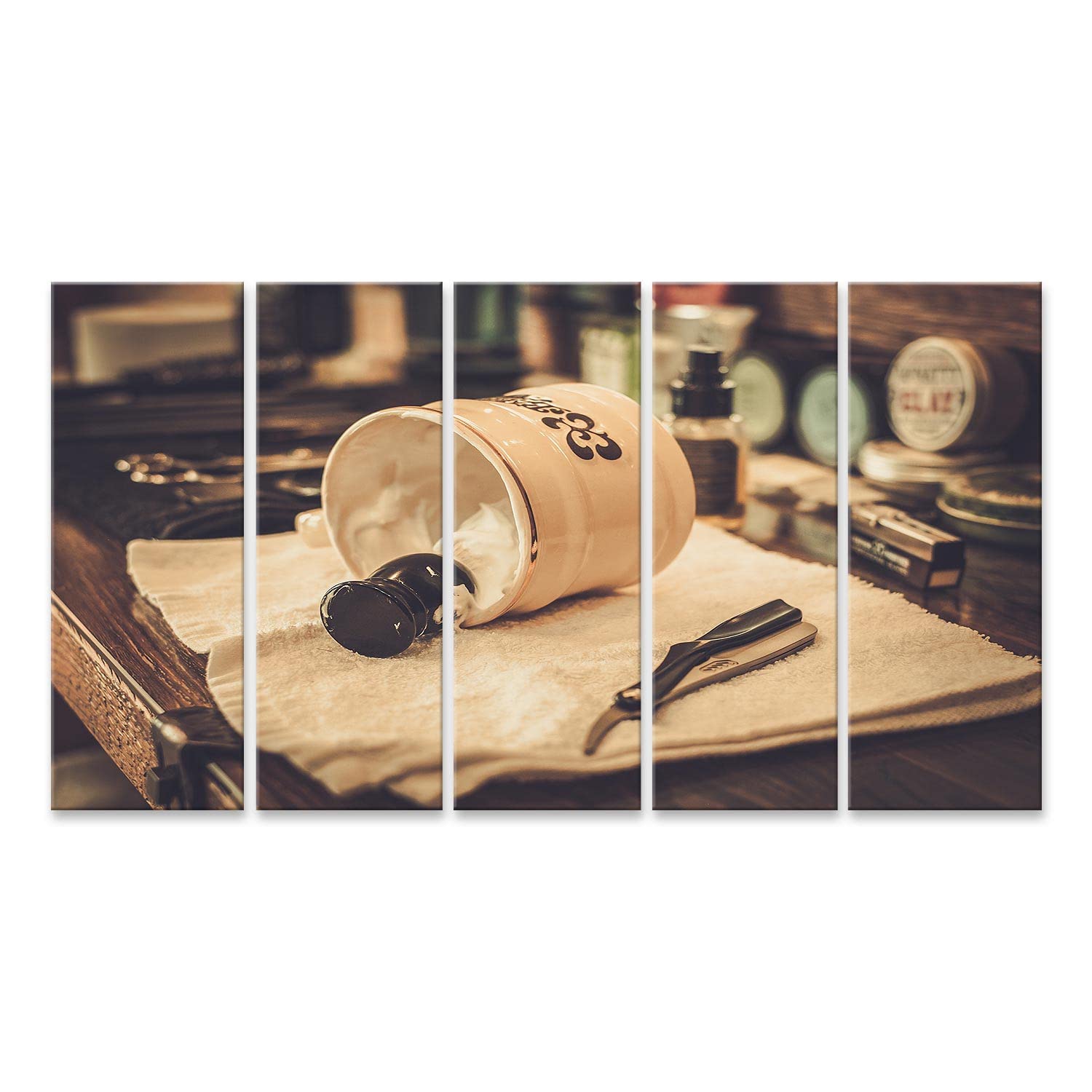 islandburner Bild auf Leinwand Rasierzubehör Barber Shop Wandbild Poster Bilder 170x80cm - 5 Teile XXL