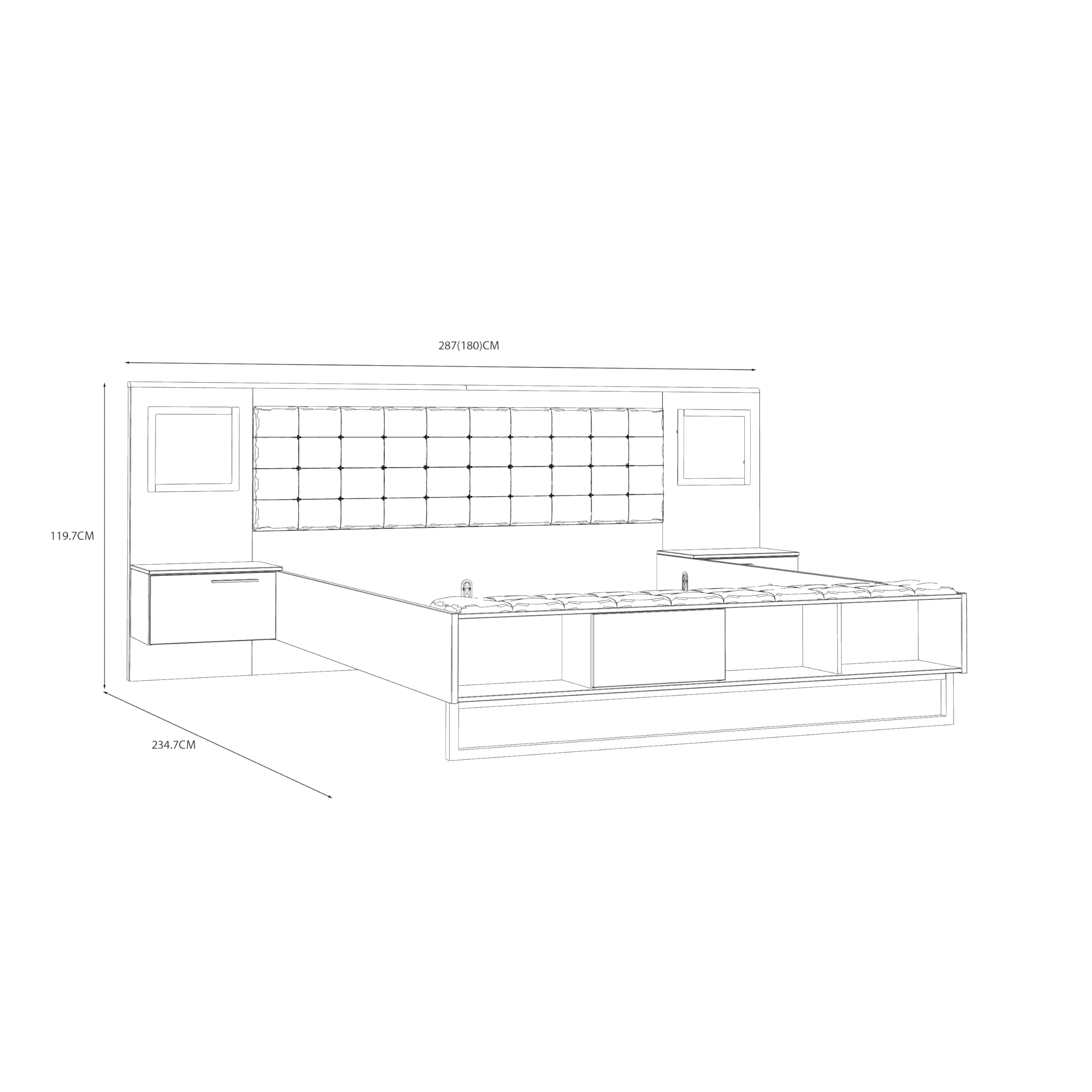 Forte Sirius Crown Bett 280 290, modernes Bett + 2 Nachtkommoden mit 2 Schubladen, weißes Bettgestell, Holzwerkstoff, Weiß/Weiß Hochglanz, 287 cm breit x 119,7 cm hoch x 234,7 cm tief