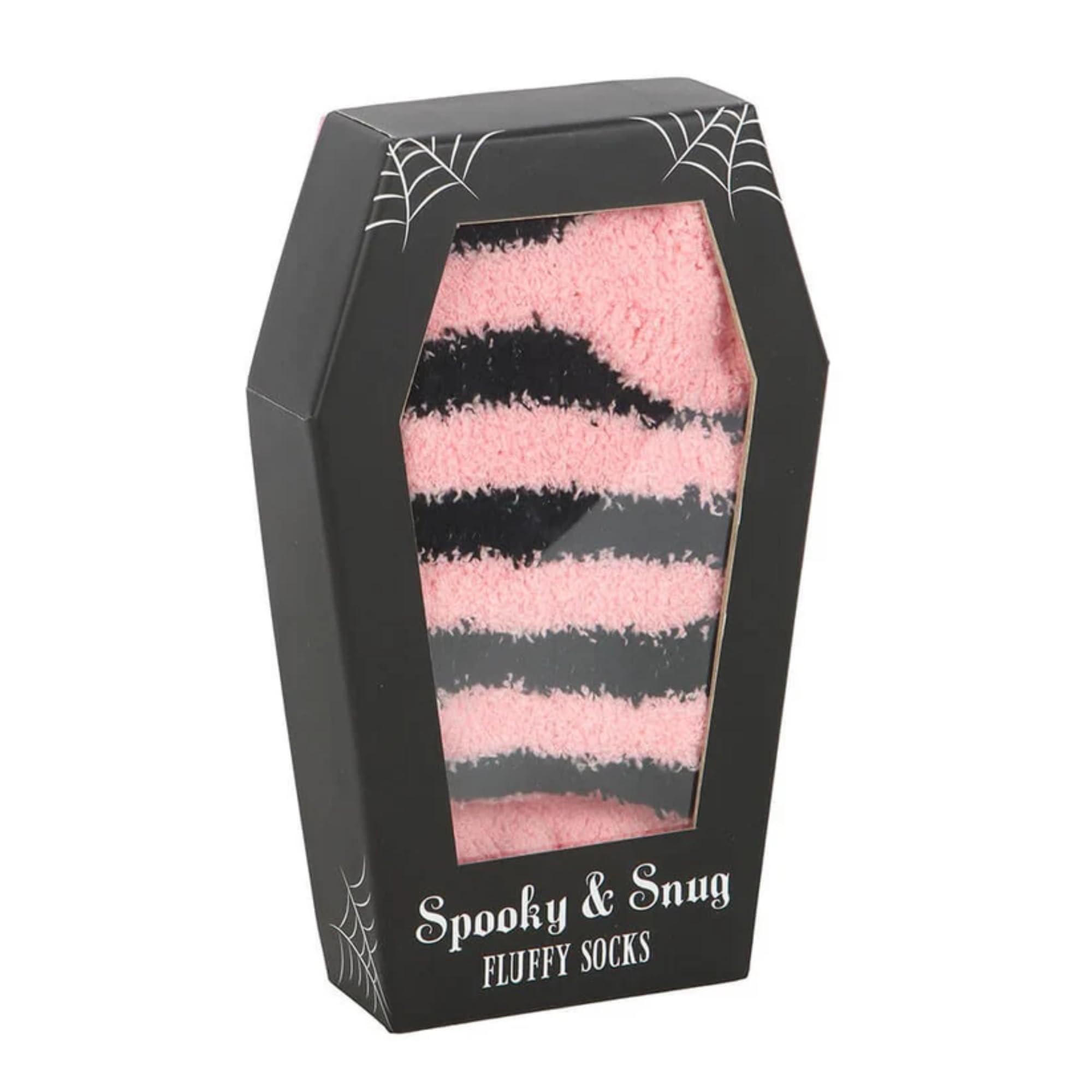 W-Direct Striped Fluffy Black & White Socks in Coffin Gift Box – Gothic Emo Aesthetic – Unique Coffin Box Gift for Goth, Alternative & Emo Fans – Soft Fuzzy Striped Socks [Pink & Black]