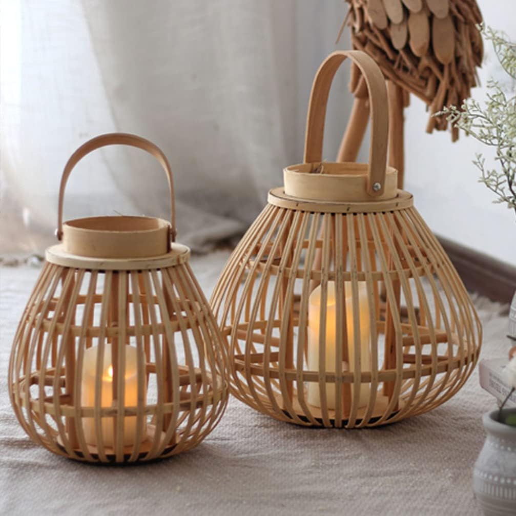 Rattan Natural Lantern Bamboo Hanging Lantern Outdoor Wicker and Rattan LED Candle for Patio Garden Home Decoration
