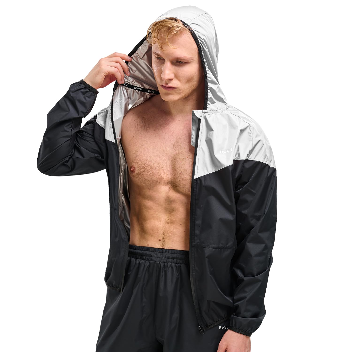 BVVU Sauna Suit for Men Zipper Sweat Suits with Hood Sauna Jacket Gym Workout Full Body only Jacket Lightgrey 3X-Large