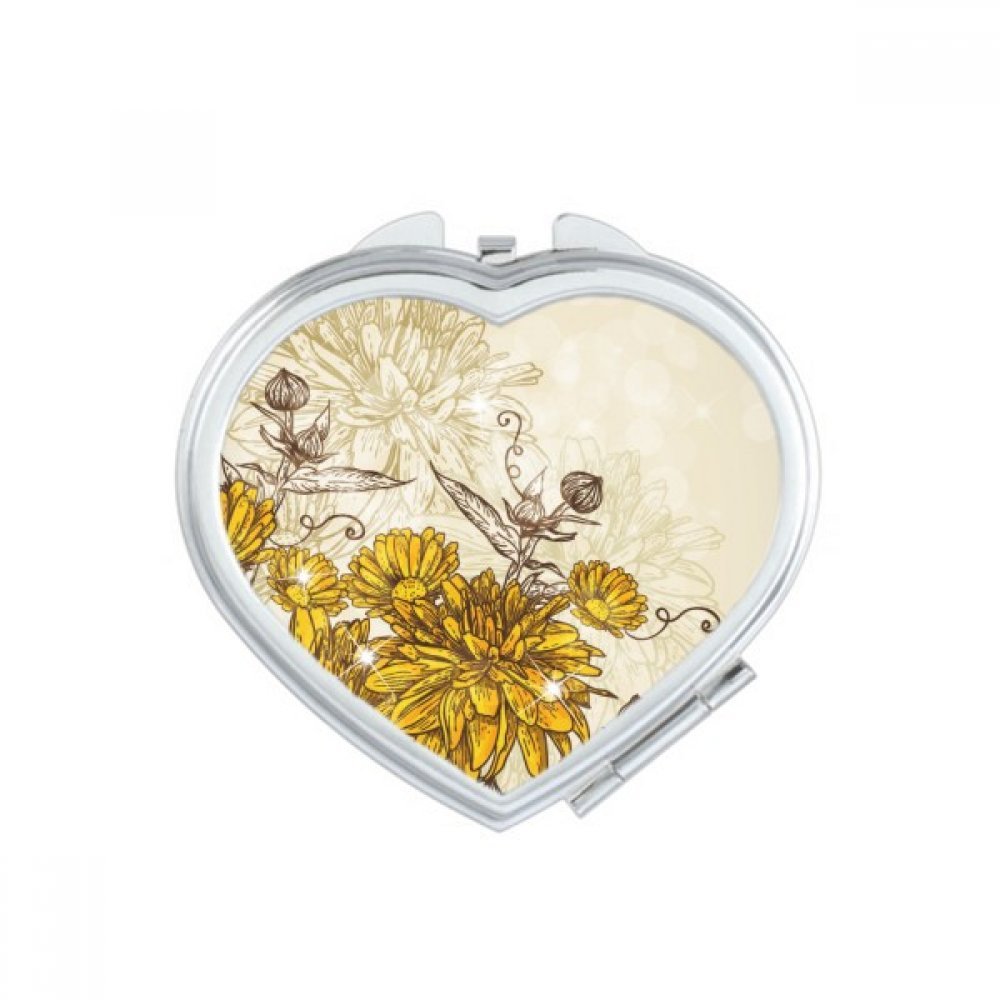 Miroir de poche cœur chrysanthème jaune pour retouches maquillage rapides en voyage