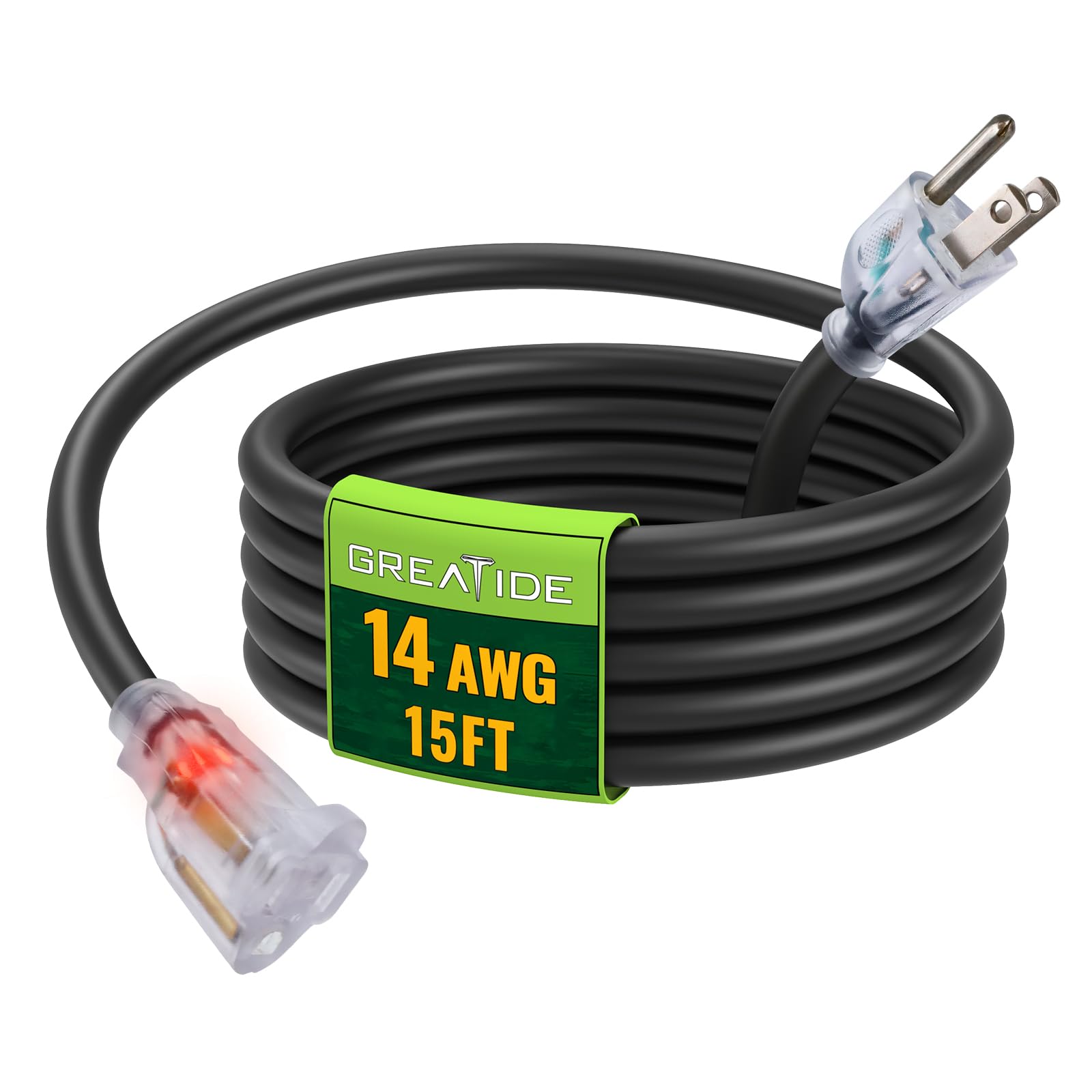 SJTW - Cavo di prolunga illuminato per esterni, 14/3, 3 m, resistente, colore nero, calibro 14 con spina di messa a terra a 3 poli, ideale per prato, giardino e elettrodomestici