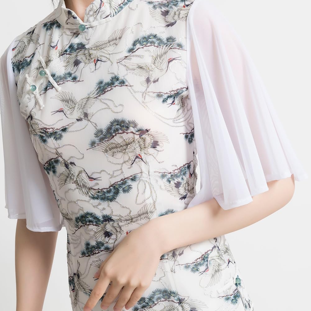ROYAL SMEELA Robe Qipao pour Les Femmes Blanc Cheongsam Manche Feuille De Lotus Col Mandarin Adulte Cheongsam Fente Qipao Cheongsam Traditionnelle Chinoise Robe Cheongsam Sexy Qipao Chinoise Femme