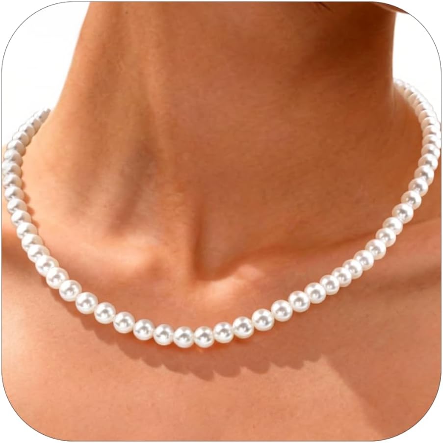 18K Gold Plated Pearl Necklaces for Women, Dainty 6MM Pearl Choker Necklace Adjustable Chain Wedding Prom Bridesmaid Elegant Jewelry Gifts 16.5"+3"