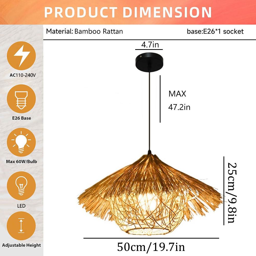 Lampada A Sospensione In Rattan Boho, Paralume In Vimini, Lanterna A Nido D'uccello Intrecciata A Mano Beige, Lampade Di Grandi Dimensioni In Rattan Per Soggiorno, Lampade In Vimini