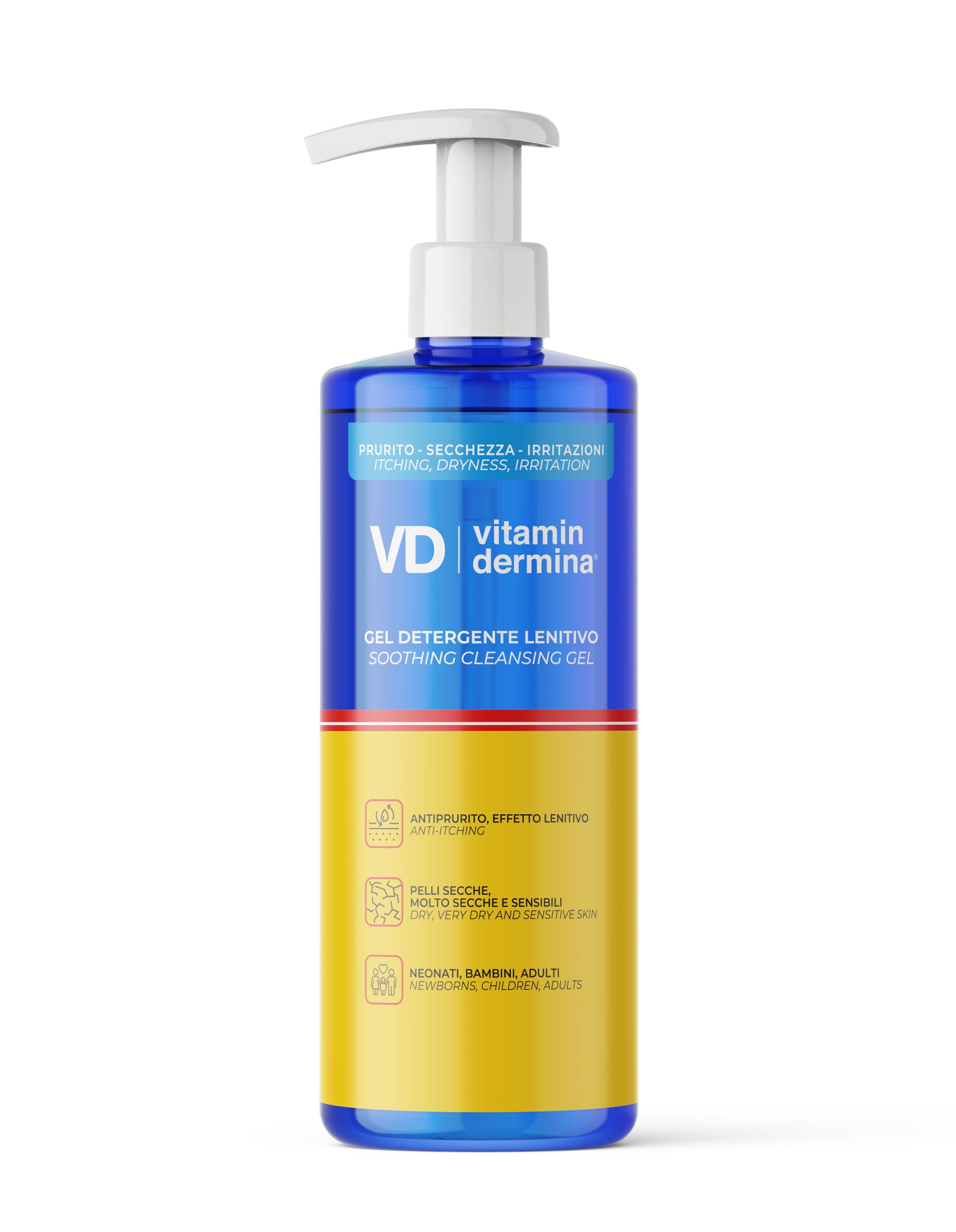VITAMINDERMINA Gel Detergente Lenitivo 500 ml – Detersione Corpo – Per Pelli Secche, Molto Secche, Sensibili, a Tendenza Atopica – Idratante, Lenitivo e Antiprurito – Per Neonati, Bambini e Adulti