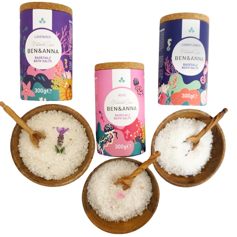 Ben & Anna - Sól do kąpieli Cornflower klasy premium do relaksującej kąpieli mięśniowej z solą morską – idealny dodatek do kąpieli – nawilżający i oczyszczający skórę o działaniu uspokajającym (300 g