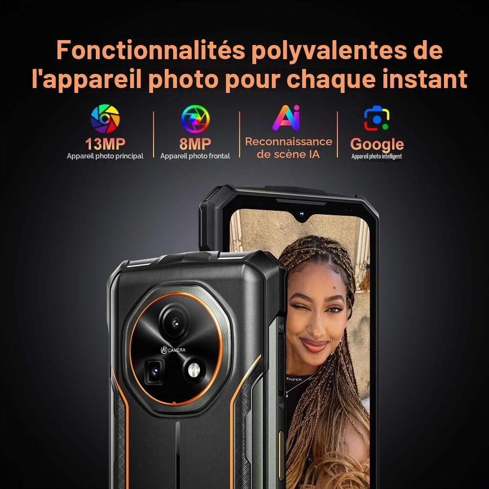 DOOGEE Fire 5 4G Téléphone Portable Incassable, 13000mAh 10W Android 15 Smartphone Incassable,6.6" HD+90Hz, 16MP+8MP AI Caméra, 12Go+64Go/2TB, IP68/NFC/OTG/GPS (Noir)