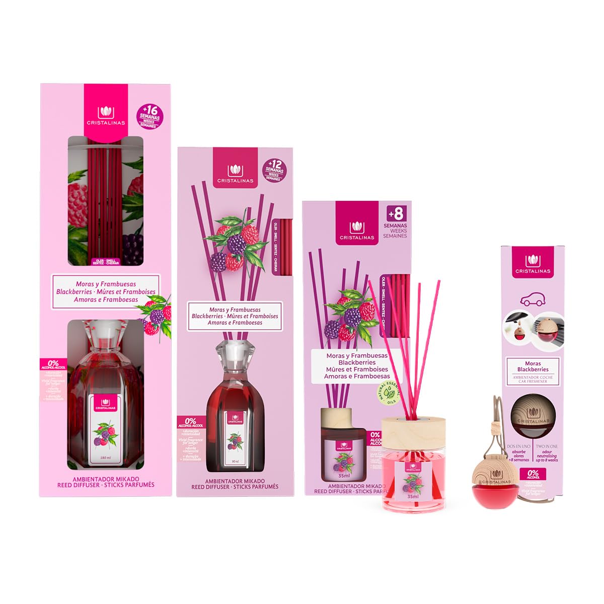 CRISTALINAS | Pack Ambientadores | Aroma Moras y Frambuesas | Mikado 180ml | Mikado 90ml | Mikado 35ml | Ambientador para coche 6ml (Moras y Frambuesas)