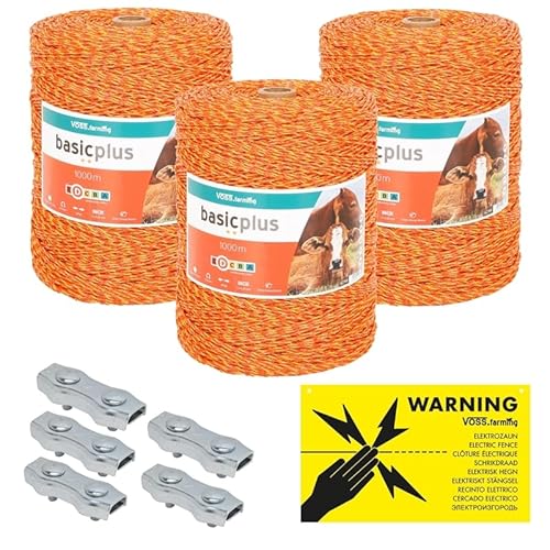 VOSS.farming 3000m Weidezaunlitze Weidezaun Elektrozaun Litze Weidezaunseil Kordel Zaun + Verbinder + Warnschild