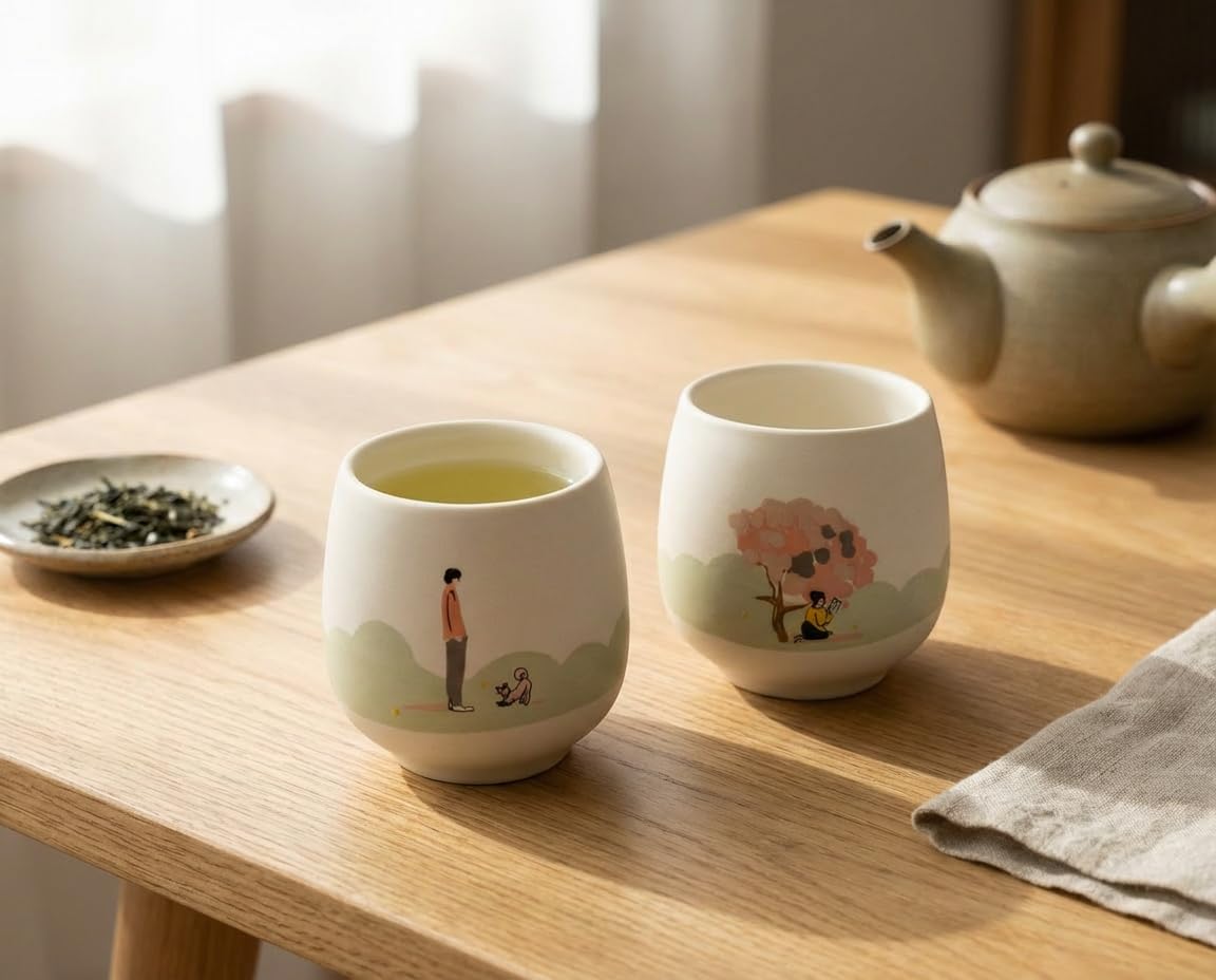 Sommer Set! - Keramik Trinkbecher, 110ml, 2-er Keramik set, Elfenbeinweiß, Japanische Teetasse, Kaffee, Nachtisch, Snacks